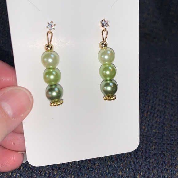 Hand Crafted Faux Green Pearl Dangle Cubic Zirconia Stud Post Earrings - Picture 6 of 9
